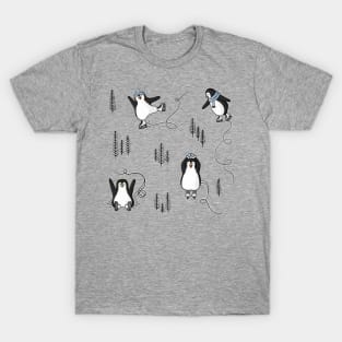 Cute Winter Iceskating Penguins Pattern Digital Illustration T-Shirt